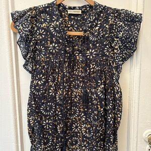 Ulla Johnson Navy and Beige Floral Blouse